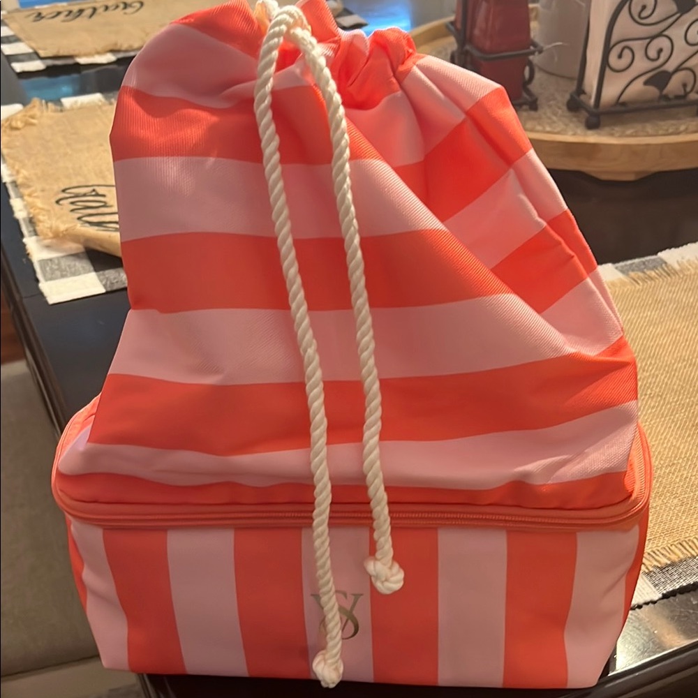 Victoria’s Secret Striped Pink & Orange Drawstring Bag with cooler on the bottom